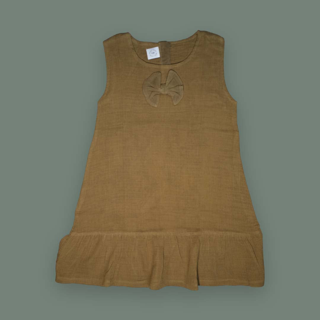 Baby Girl Sleeveless Dress with Bow - Olive Green