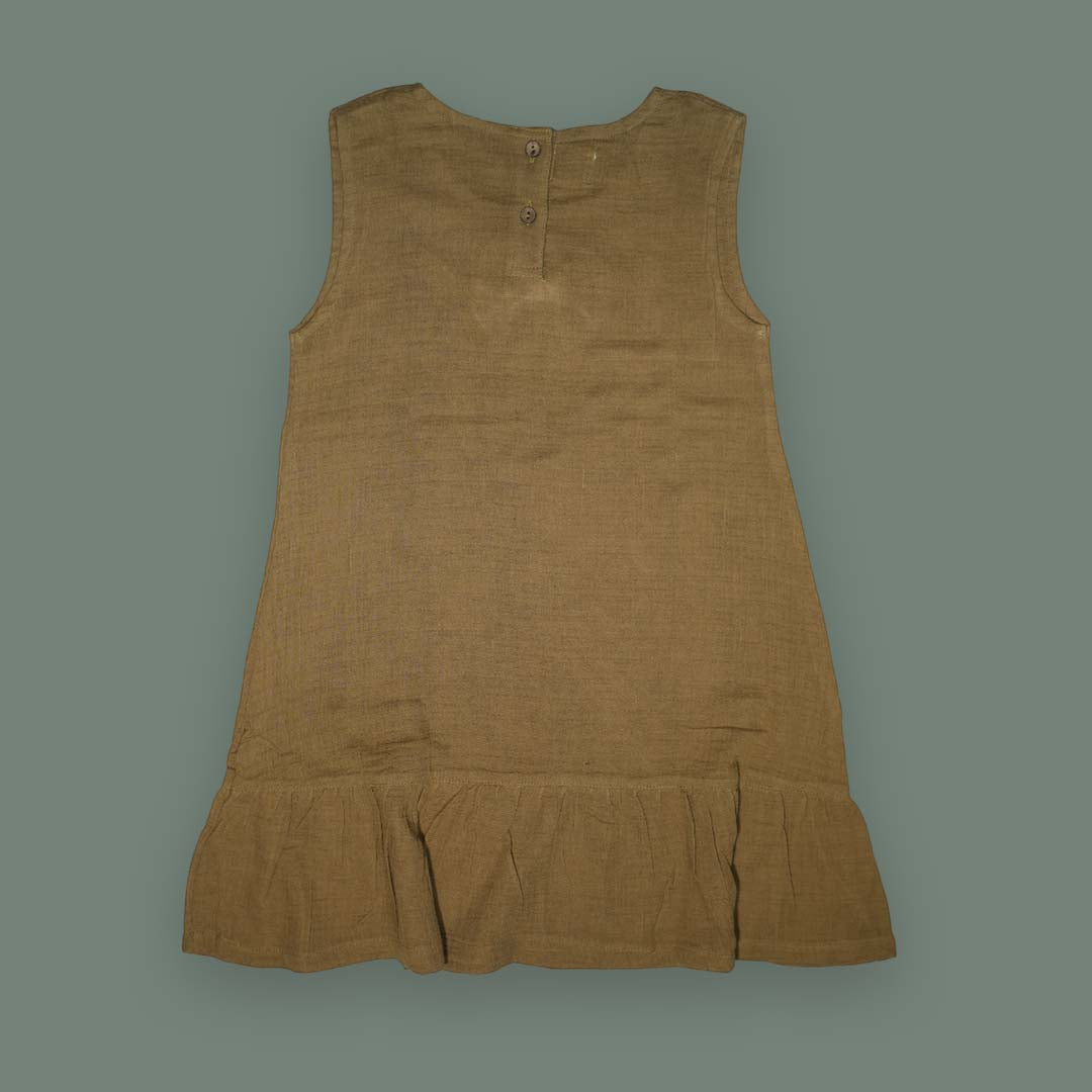 Baby Girl Sleeveless Dress with Bow - Olive Green