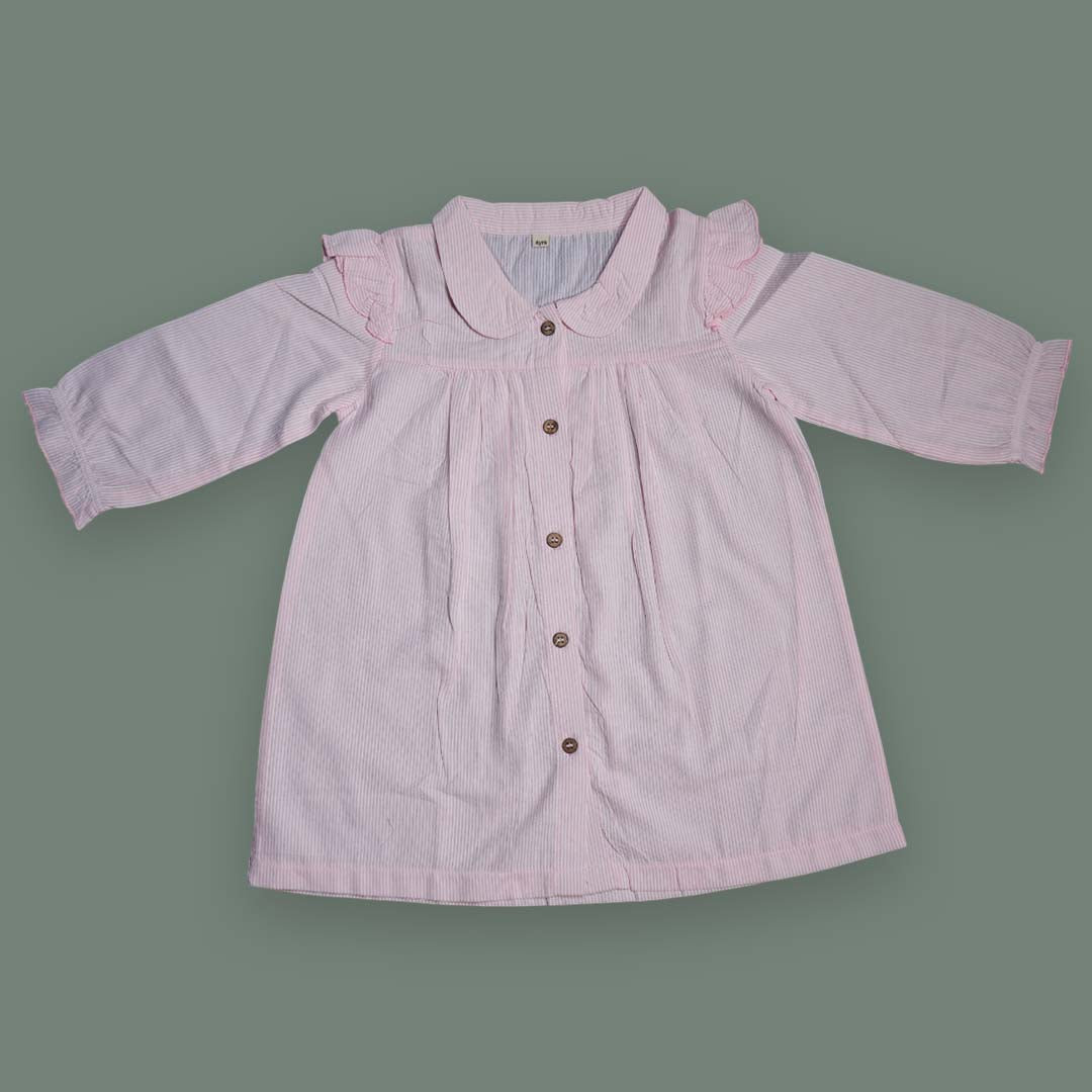 Pink Striped Long-Sleeve Baby Dress – Button-Up Cotton Frock