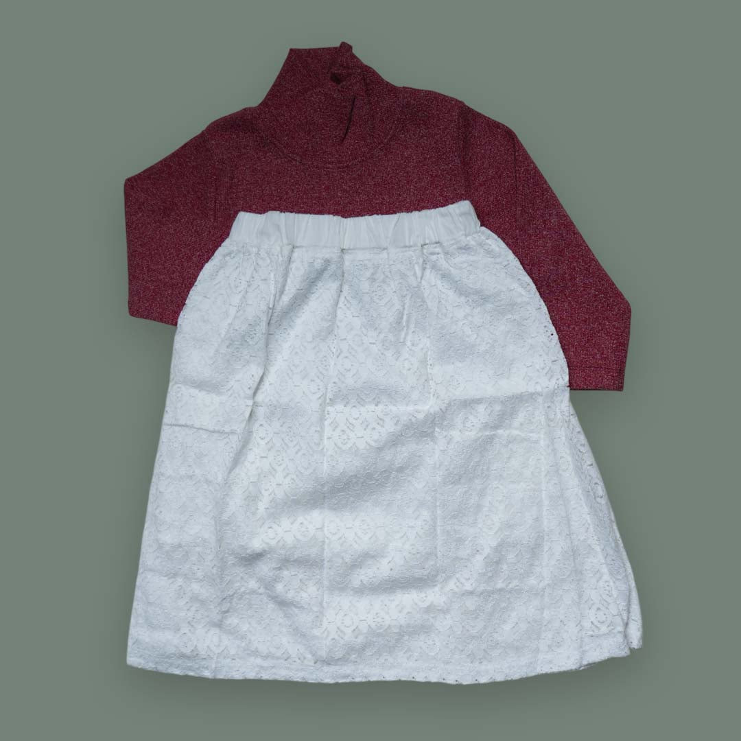 Chic Maroon Sweater and White Lace Skirt