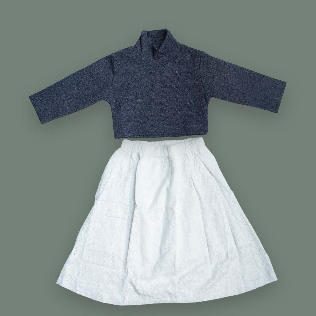 Turtleneck Top & White Lace Skirt Set – Girls Winter Outfit