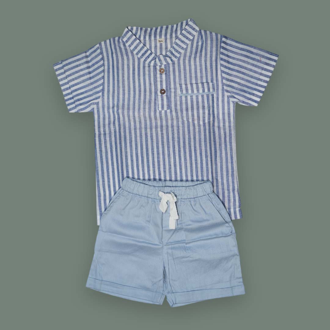 Summer Breeze Boys Cotton Co-ord Set – Blue Striped Shirt with Shorts