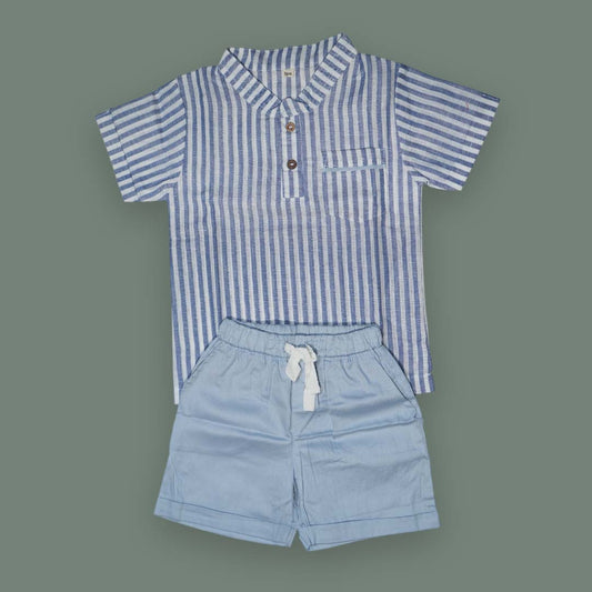 Summer Breeze Boys Cotton Co-ord Set – Blue Striped Shirt with Shorts